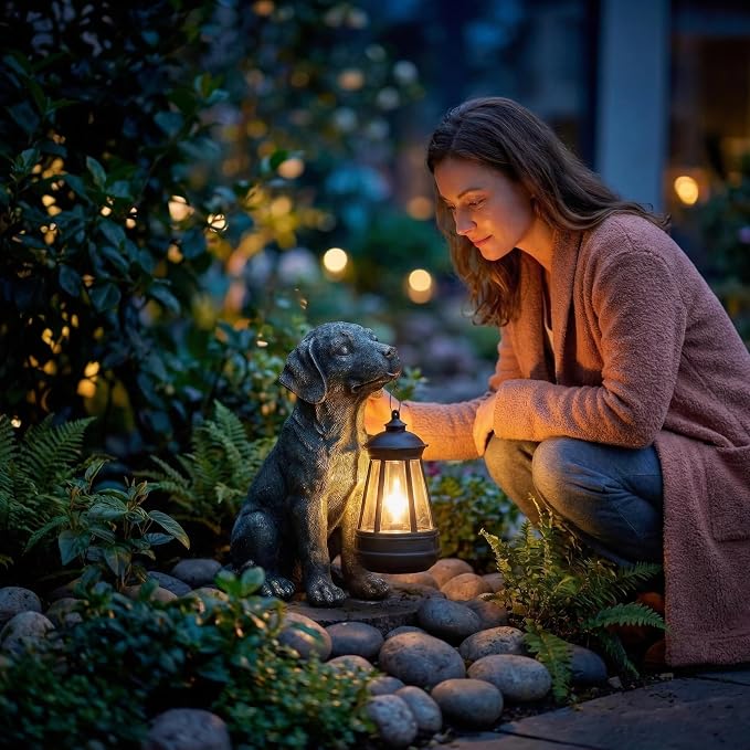 Lyeasw Solar Dog Statues with Lantern, 8.4 inch Ideal Gifts for Mom, Dad or Birthdays Dog Memorial, Outdoor Decorations for Patio Porch Lawn Backyard
