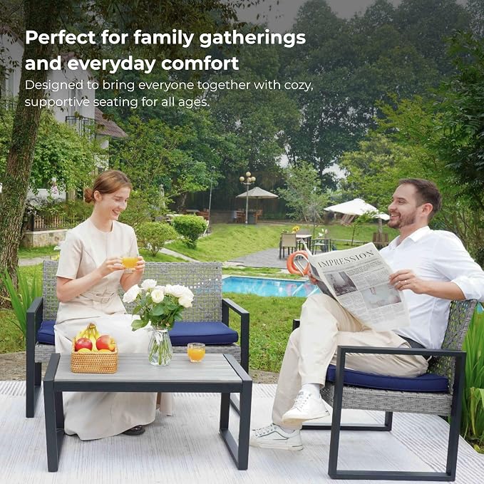 LUMISOL 4 Piece Outdoor Wicker Patio Conversation Furniture Set for Backyard, Wicker Conversation Set Outdoor with Acacia Wood Table Top, Light Gray
