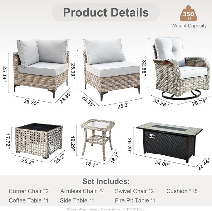 HOOOWOOO Outdoor Patio Furniture Set with Fire Pit Table,11 Pieces Wicker Out Door Sectional Furniture L Shaped Couch,Outside Patio Conversation Sets Swivel Chair,Light Gray