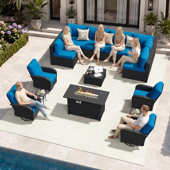 Aoxun 14 Piece Outdoor Patio Furniture Set with 44'' Fire Pit Table, Wicker Rattan Outdoor Furniture with High Back Swivel Rocker Chairs, Outdoor Sofa Set with Thick Cushion & Side Table, Peacock Blue