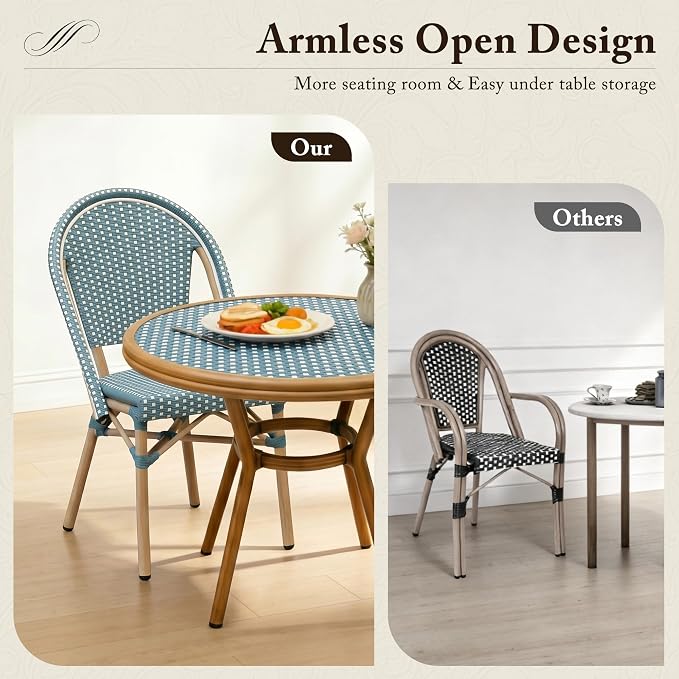PURPLE LEAF 3-Piece French Bistro Dining Set Round Outdoor Patio Table and 2 Armless Chairs Tempered Glass Top PE Rattan Champagne Print Finish Aluminum Frame Light Blue