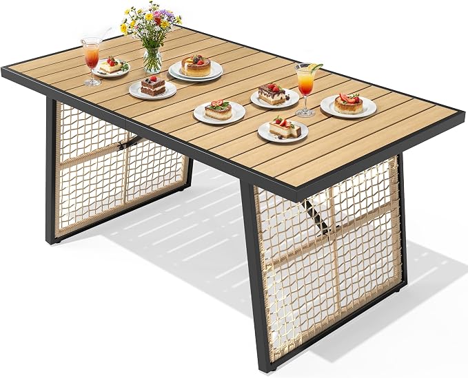 YITAHOME Dining Table 59.1"x34.3" Rectangular Patio Table with Metal Frame & Rattan Mesh All-Weather Outdoor Patio Dining Table for 6 Outdoor Table with Adjustable Feet for Outdoor/Indoor
