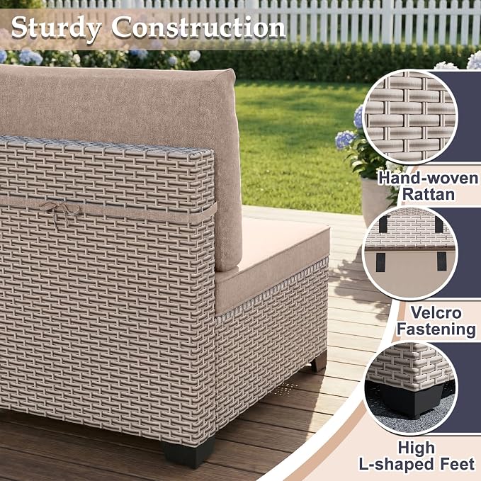 Patio Furniture Set, 10-Piece Outdoor Sectional Sofa with 60,000 BTU Fire Pit Table & Ottomans, Wicker Patio Conversation Set with Coffee Table, Khaki Cushions