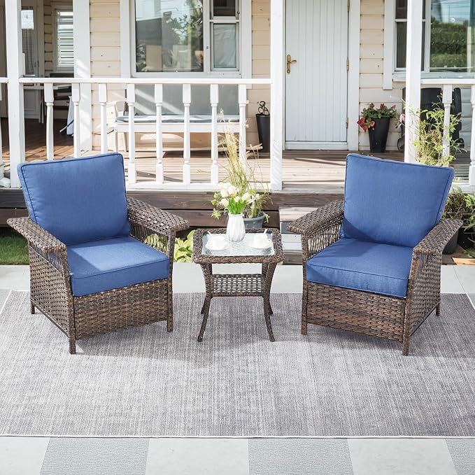 Patio Furniture Set 2 Wicker Patio Chairs with PE Rattan Side Table Set Brown Wicker Blue Cushions Patio Conversation Set 3pcs for Garden Balcony Sunroom Backyard Deck Porch
