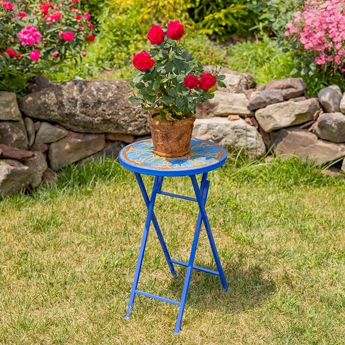 Mosaic Tile Furniture with Blue Metal Frame and Patterned Tile Tops (Naples - Blue/Gold, Folding Accent Table)