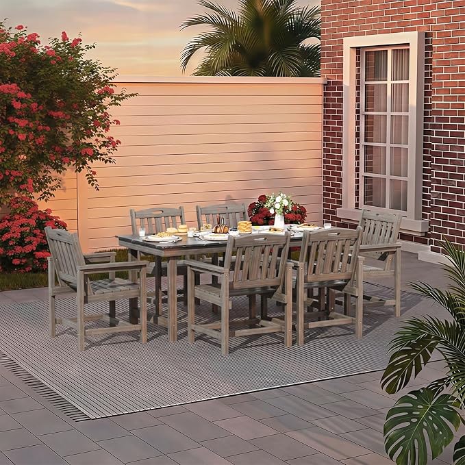 Mdeam 7-Piece HIPS Outdoor Dining Set, 66.9" Marble Texture Patio Table with Umbrella Hole, 440LBS Capacity, 6 Wider Chairs,Dining Table Set for 6, Outdoor Furniture with Galvanized Steel Frame, Grey
