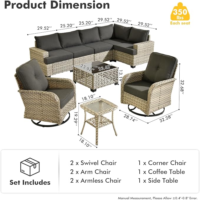 CAODOC 9 Piece Patio Furniture All Weather 7-Seater Outdoor Sectional Sofa with Patio Swivel Chairs and Solar Powered Coffee Table for Porch,Garden,Backyard,Deck(Black)