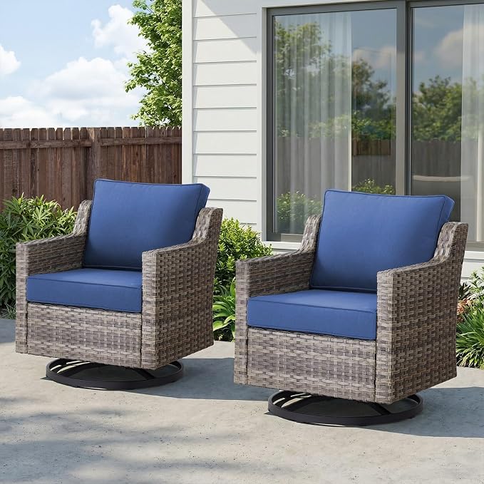 Belord Patio Wicker Swivel Rocker Patio Chairs, Outdoor Rattan Chairs for Deck Porch Garden, 2 Piece Luxury Patio Furniture Set, Blue