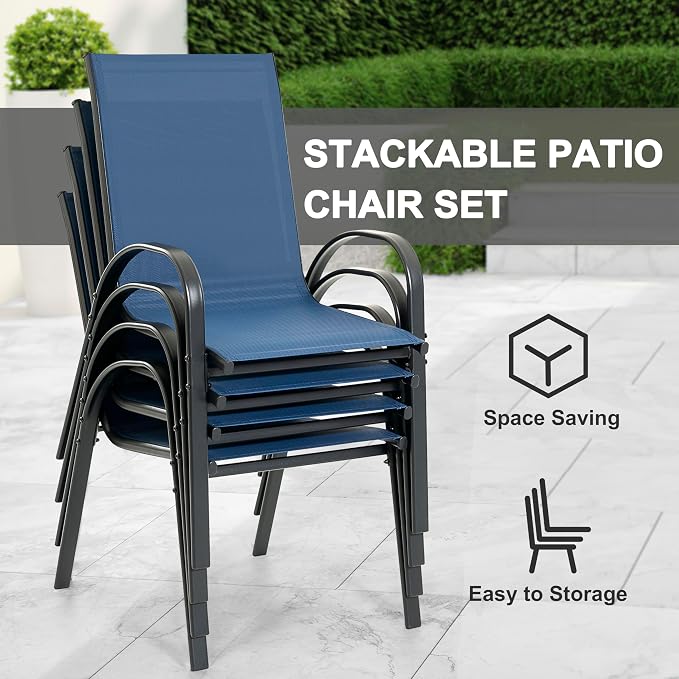 NUU GARDEN 5-Piece Patio Dining Set, Square Metal Table & Stackable Chairs | 31.5-inch square bistro table with built-in umbrella hole. 4 stackable lawn chairs with black and blue design