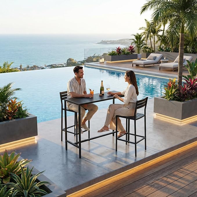 Outdoor Bar Table, 45in Bar Height Table, Black Metal Frame with Weatherproof Top, HDPE Outdoor Furniture for Patio, Hot Tub, Party, Balcony, Indoor
