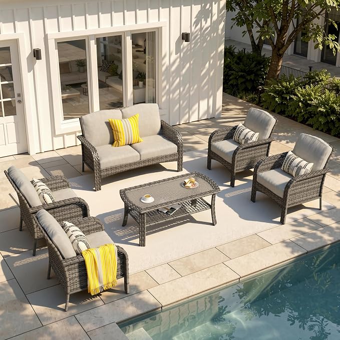 6-Piece Patio Furniture Set, Outdoor Wicker Furniture with Coffee Table, All Weather High Back Loveseat Patio Chairs, Modern Rattan Outdoor Chairs Conversation Set for Porch, Balcony, Garden,Dark Gray