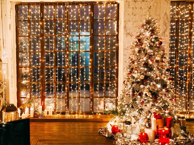 Solhice LED Curtain Lights Outdoor 12ft x10ft, 360 LED Plug in Hanging String Lights Indoor Bedroom, Twinkle Light Backdrop for Outside Wedding Decor, Warm White (Not Connectable)