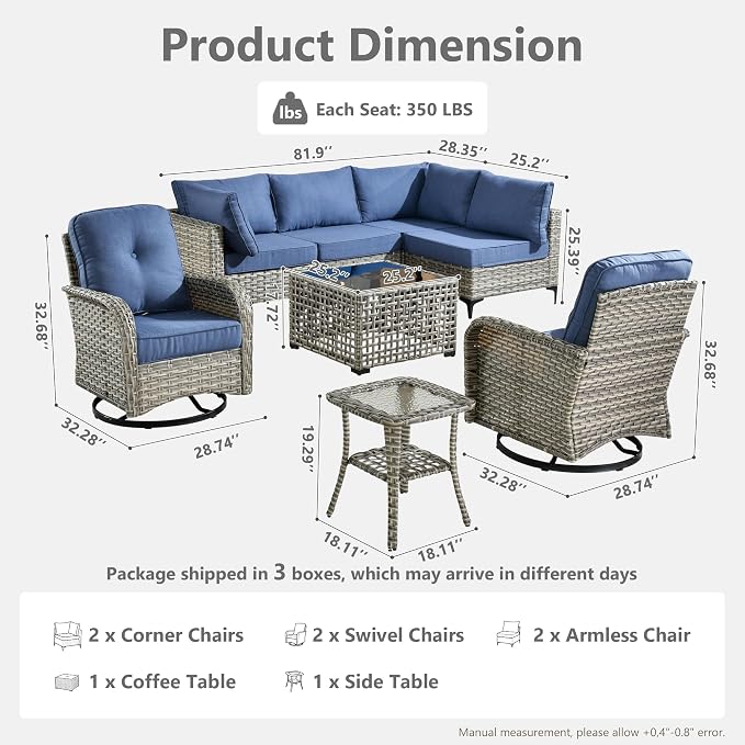 CAODOC Outdoor Sectional Patio Furniture Set,8 Pieces Wicker Conversation Sets L Shaped Couch,Out Door Sofa Outside Furniture with Swivel Chairs,Light Blue