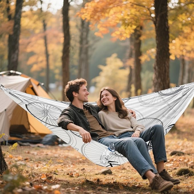 Bike Print Camping Hammock, Portable Lightweight Single Hammock with Tree Straps and Aluminum Carabiners, 114" x 54" Travel Hammock for Hiking Backpacking Beach