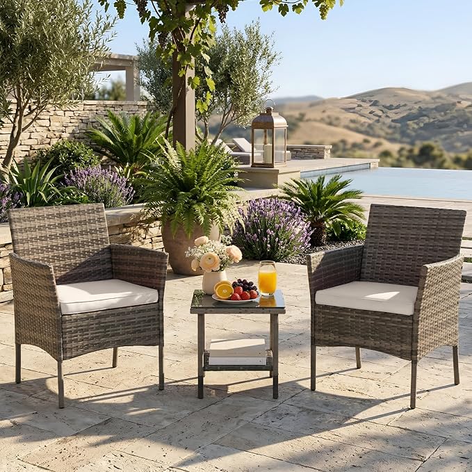 3 Pieces Patio Furniture Outdoor Bistro Set Outdoor&Indoor Conversation Set Coffee Table Chairs Set for 2 with Water-Resistant Cushions for Lawn Yard Garden Porch Balcony and Pool,Grey and Khaki