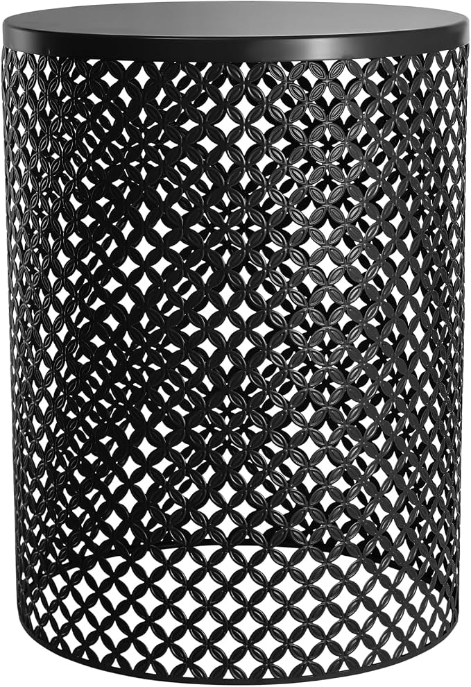 3-Pack Modern Metal Cylindrical Side Table for Outdoor & Indoor Use, Accent End Table Set for Garden Patio Deck Poolside, Iron Nesting Tables with Openwork Floral Pattern, 14.57x19.29in (Black)