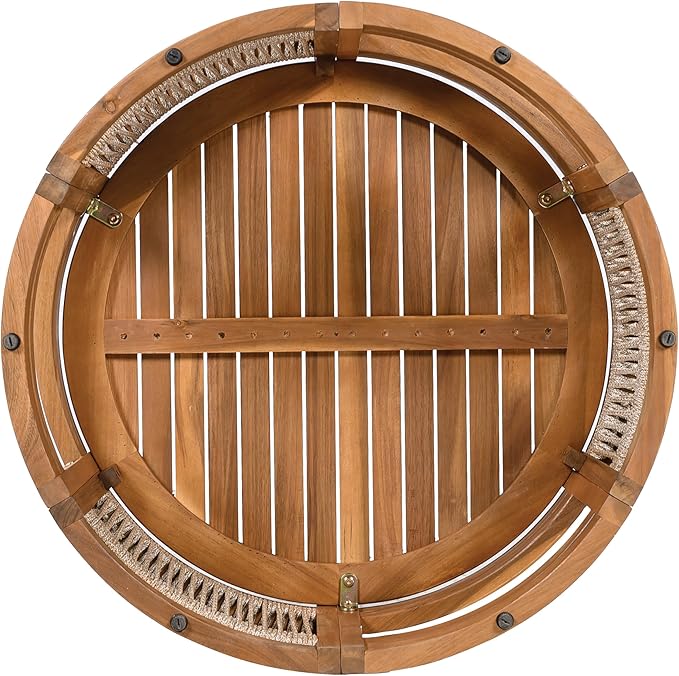 IRONORA Natural Acacia Wood Round Patio Coffee Table, Woven Rope Panel Drum Accent Cocktail Table, Slatted Top Outdoor Center Table for Backyard Balcony Living Room Coastal Farmhouse Decor