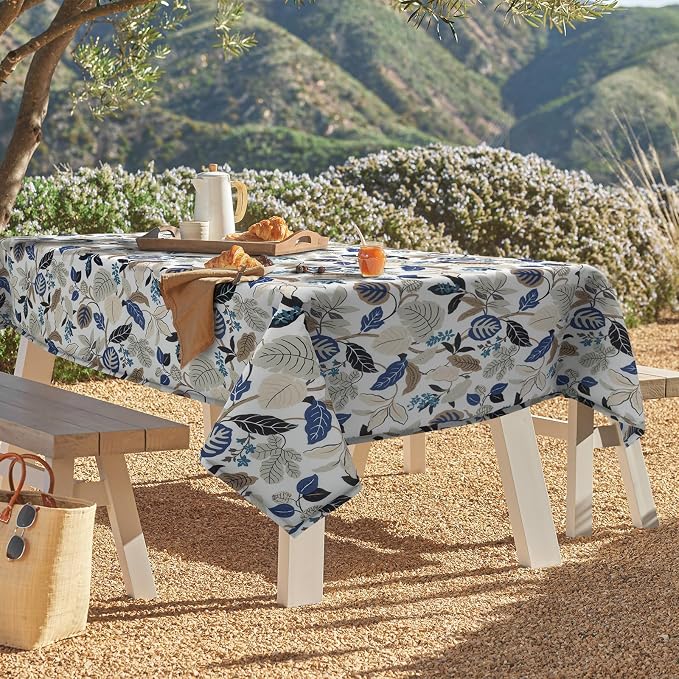 DYTXIII Outdoor Rectangle Tablecloth with Umbrella Hole and Zipper 84" x 60", Water Repellent Floral Picnic Cover, Fade & Wrinkle Resistant Tablecloth for Patio/Garden/Party Table, Leaves Beige