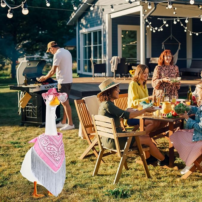 Disco Cowgirl Porch Goose Outfit 23" Cement Goose Statue Fringe Bandana Sunglasses for Summer Lawn Desk Patio Yard (Pink)