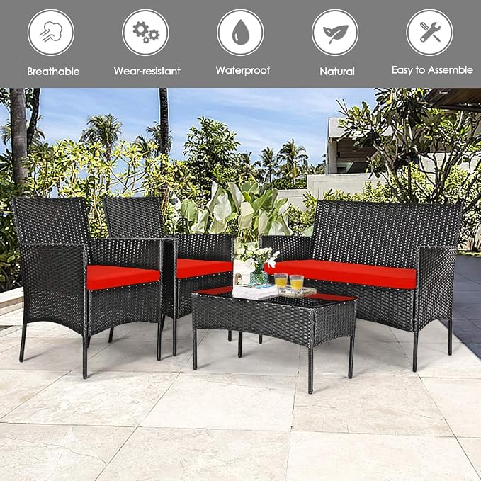 DORTALA Wicker Patio Furniture Set 4 Piece, Rattan Outdoor Table and Chairs Set with Loveseat, Cushions, All Weather Balcony Conversation Sofa Set for Porch, Backyard, Deck, Red