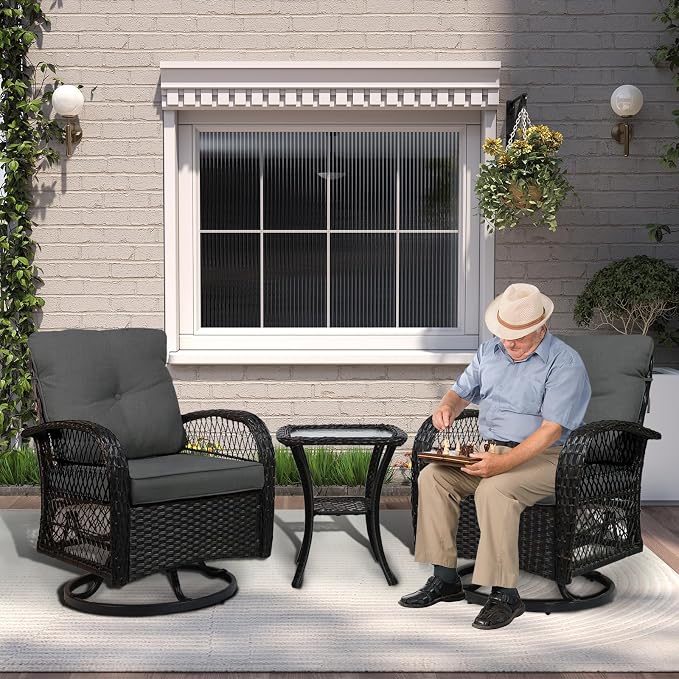 Outdoor Swivel Rocker Patio Chairs with Cushions,Outdoor Swivel Rocking Chairs Set of 2 with Rattan Side Table,360 Degree Swivel Seat Patio Furniture Set for Outside Porch Deck,3 Pieces