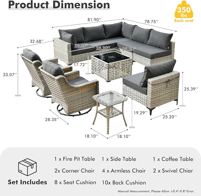 HOOOWOOO Outdoor Patio Furniture Set,10 Pieces Wicker Out Door Sectional Furniture L Shaped Couch,Patio Conversation Sets with Swivel Rocking Chair LED Table,Black