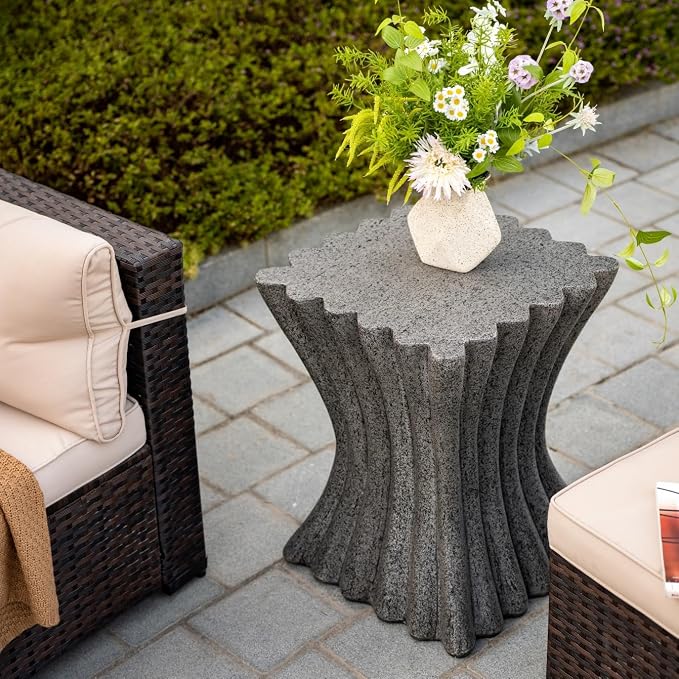 Outdoor Side Table – Lightweight Stone Patio Coffee Stand, Concrete End Table for Backyard, Balcony,Living Room,Bedroom(Wooden Stripes)