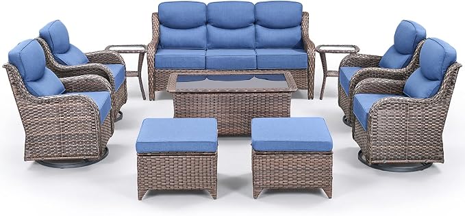 Luxury 10 Pieces Patio Furniture Set, Wicker Swivel Rocker Patio Chairs with 6" Thick Cushion, Outdoor Wicker Sofa with Coffee Table, All Weather Outdoor Conversation for Garden Porch(Brown/Blue)