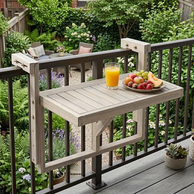 Acacia Wood Balcony Hanging Table – Stable Fixed Outdoor Railing Table – Weather-Resistant White Finish – Adjustable Mounting for Small Balcony, Patio, and Porch