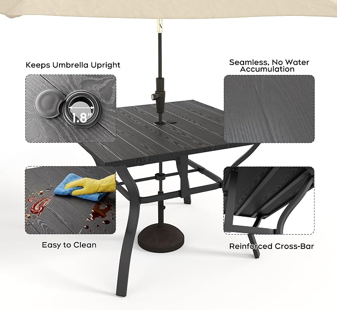 Patio Outdoor Dining Table, Wood-Grain Patio Table with Umbrella Hole, All-Weather Metal Dining Table for Party, Lawn & Garden (63“ x 37.8”) Black