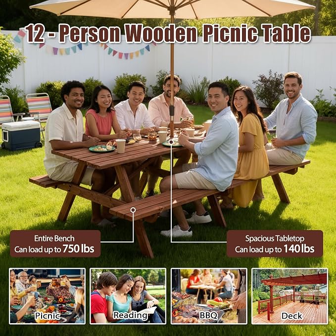 Hohuqeri Wood Picnic Table, 94.5" Tabletop with Umbrella Hole, 12 Person Outdoor Wooden Picnic Table Bench Set for Patio, BBQ, Dining, Brown