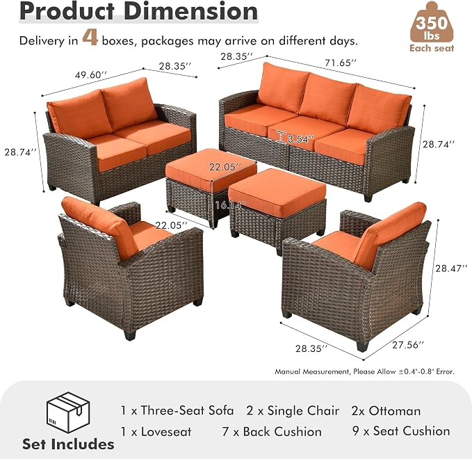 ovios 6 Pieces Patio Furniture Set, Outdoor Wicker Sofa Couch with Loveseat Comfy Cushions, All Weather Brown Rattan Conversation Set for Backyard Deck Porch, Orange Red
