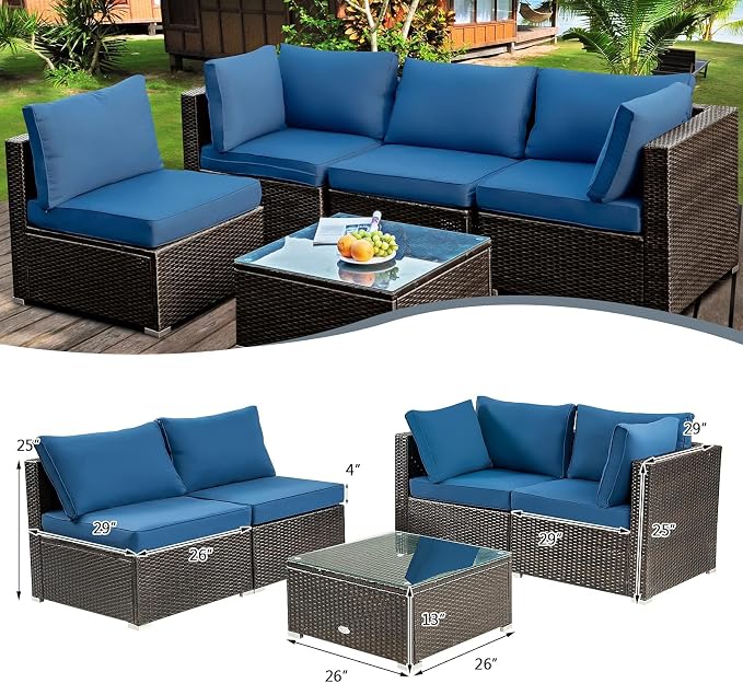 HAPPYGRILL 5 Pieces Patio Furniture Set Outdoor Rattan Wicker Sofa Set with Coffee Table Sectional Sofa Conversation Set with Pillows Cushions for Backyard Porch Garden Poolside