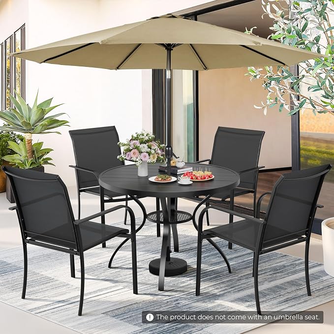 5-Piece Patio Dining Set with Umbrella,4 Person Outdoor Table and Chairs Set, 4 Metal Dining Chairs and Round Outdoor Table with 1.57" Umbrella Hole,Black