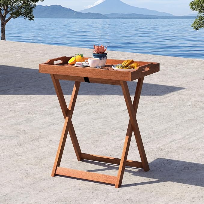 Giantex Outdoor Side Table, Wooden Folding Table with Removable Tray Top, Food Serving Tray with Stand for Patio, Porch, Garden, Backyard & Poolside