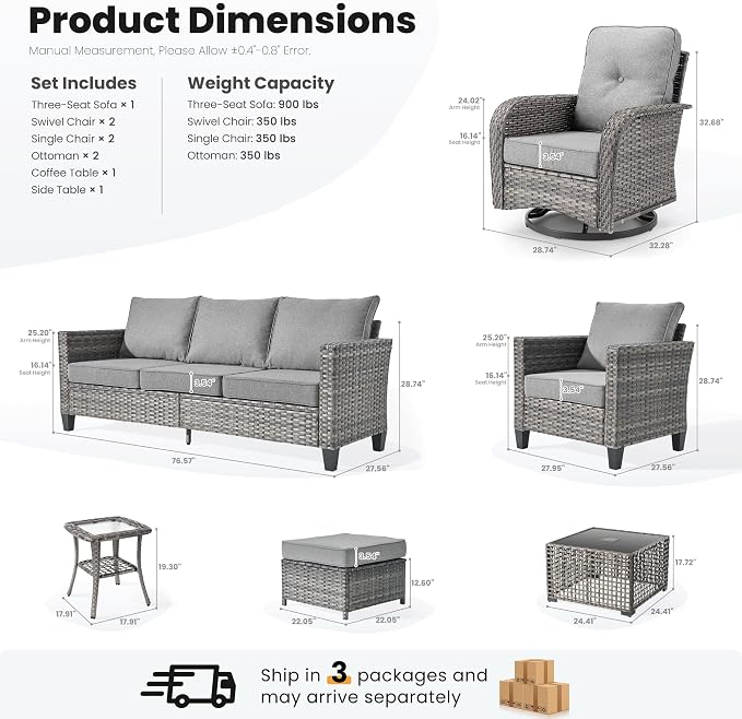 ovios 9 Pieces Patio Furniture Set, Outdoor Wicker Sofa Couch with Swivel Glider Chairs Solar Lights Table, Modern Deep Seat Rattan Conversation Sets for Deck Porch, Dark Grey