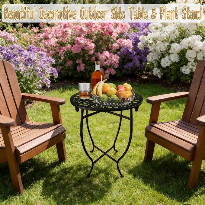 Small Patio Table, 17Inch Height Metal Patio Side Table with Flower Cut Design, 14'' Round Small Outdoor Side Tables for Patio Yard Porch Balcony Garden Bedside Plant Stand Indoor Outdoor 2Pack