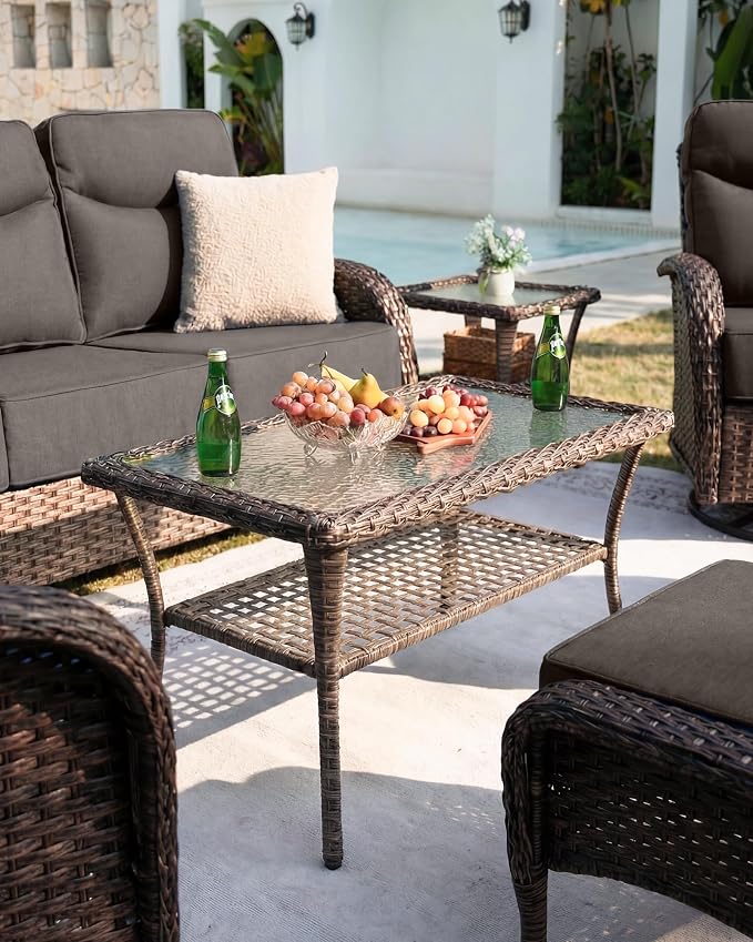 Belord Upgraded 6“ Cushion Luxury Patio Furniture Set - 7 Piece Wicker Furniture Set, Comfort Outdoor Couch and High Back Swivel Rocker Patio Chairs, Conversation Set for Deck Porch - Brown/Grey