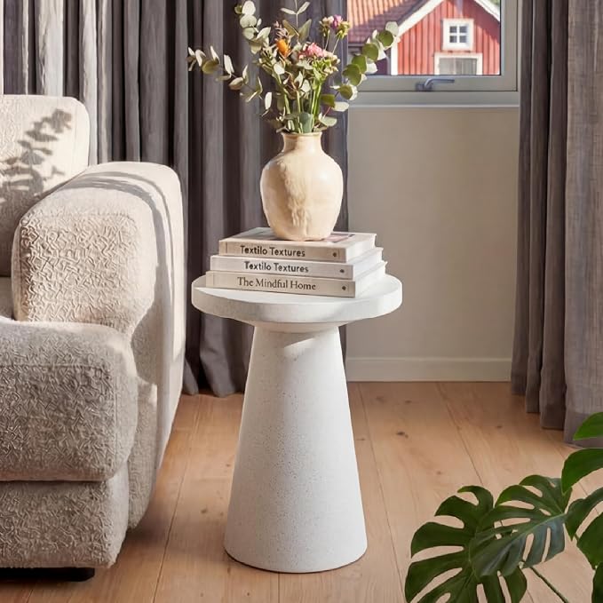 HOMPUS Outdoor Side Table Large, Concrete Side Table Faux Stone Cone Shaped, Patio Round Accent Table, Lightweight MgO Tall Coffee Table Garden Tool for Home Decor, Porch and Deck, Spotted White