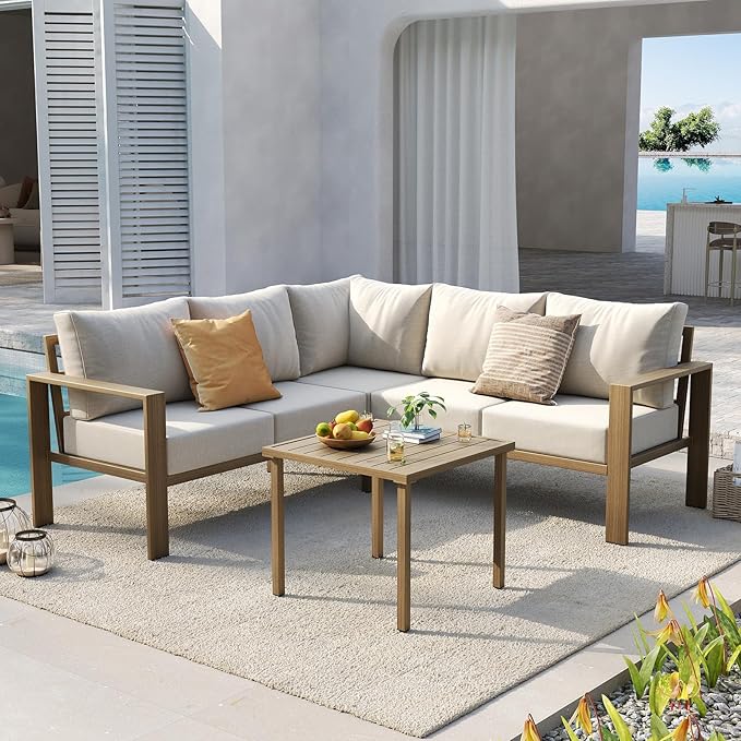 UDPATIO 6 Piece Patio Furniture Set, Metal Outdoor Sectional Sofa with 6" Thick Olefin Cushions, Wide Armrest & Coffee Table, L Shaped Outdoor Furniture for Garden, Backyard, Faux Wood Grain & Beige