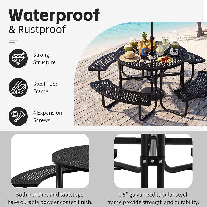 46" Outdoor Round Perforated Picnic Table Metal Camping Table with Umbrella Hole - Heavy Duty Steel Mesh Picnic Bench Set for Backyard Garden Deck, Black