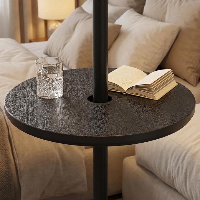 Outdoor Patio Umbrella Side Table, Round Weather-Resistant End Table with Umbrella Hole, Wood Grain Finish for Patio, Deck, Poolside, Black