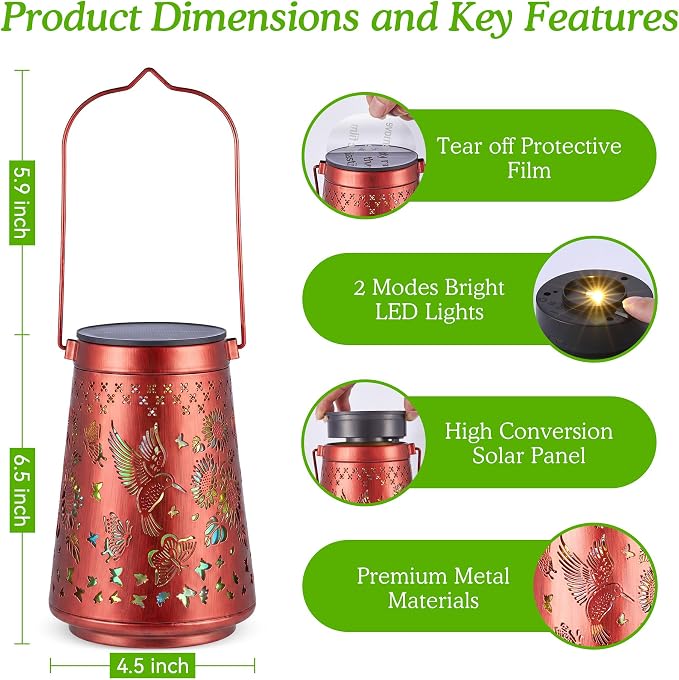 Hummingbird Solar Lanterns Waterproof Outdoor Solar Lights | Sunflower & Butterfly Patterns, Metal Hanging Lights for Patio & Yard, Garden Decor Gifts for Women, Mom & Grandma, 1 Pack