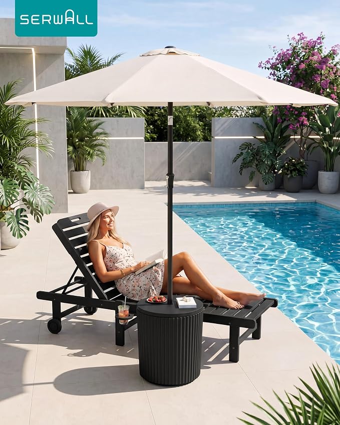 SERWALL Round Outdoor Umbrella Side Table Set of 2 - Outdoor Patio Table with Umbrella Hole for Porch/Patio/Poolside, Black