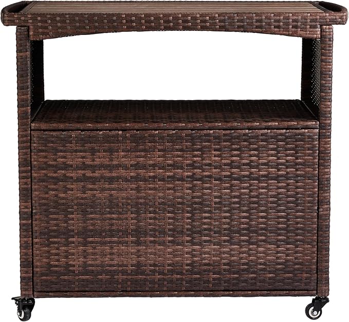 Outdoor Bar Cart with Storage Cabinet, Patio Wicker Sideboard Buffet Cabinet Prep Table, Outside Kitchen Serving Cart with Rolling Wheels & Handles, Brown