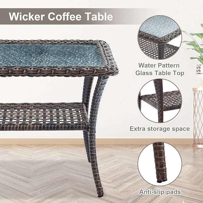 Belord Wicker Outdoor Furniture Set - 7 Piece Patio Conversation Sets with Comfort Swivel Rocker Glider Patio Chairs Set of 2 and Rattan Sofa, Tempered Glass Coffee Table and Side Table,Brown/Beige
