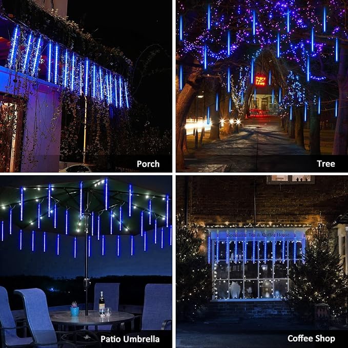 JMEXSUSS 2 Pack Blue Solar Meteor Shower Lights Outdoor Christmas Lights | Meteor Falling Rain Lights Cascading String Lights Waterproof for Tree Garden Party Christmas Decor, Total 16 Tubes 288 LED