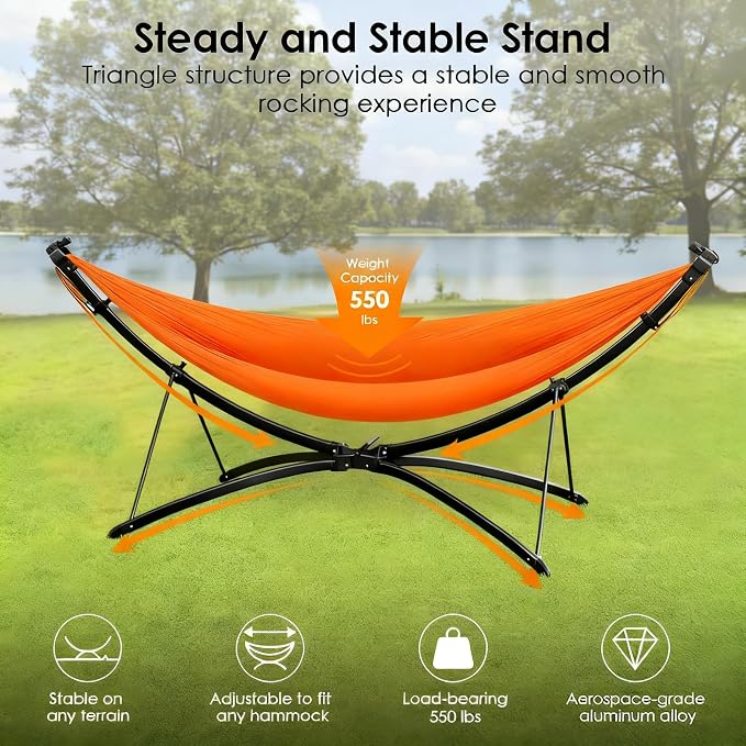 Portable Outdoor Hammock with Quick-Fold Stand and Adjustable Sunshade for Ultimate Relaxation in Gardens, Camping, and Beach Settings - Spacious Design with Storage Bag Included