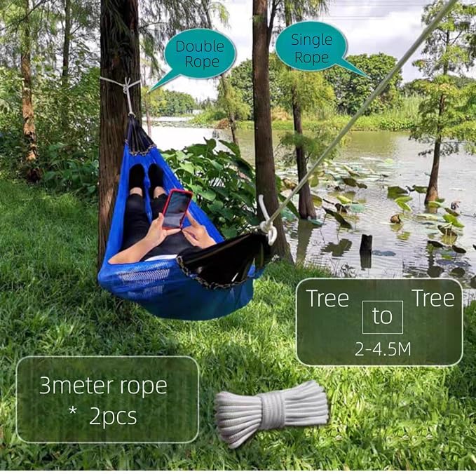 Wooden Bar Portable Camping Hammock, Cool Ice Silk Mesh Hammocks with Tree Straps Carry Bag, Single Hanging Sturdy Hammock for Travel Patio Garden. Up to 550lbs. Dark Green