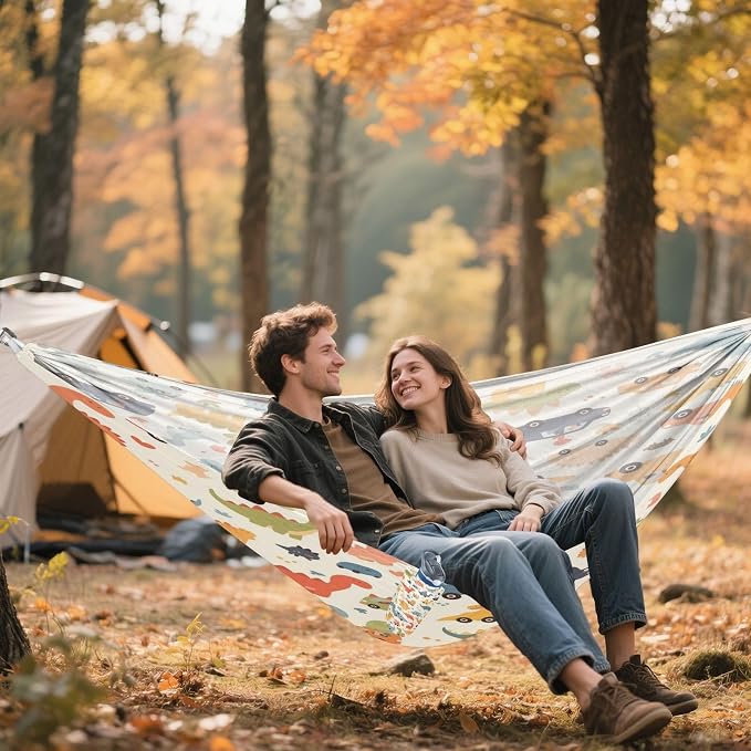 Cute Cars Dinosaurs Camping Hammock, Portable Lightweight Single Hammock with Tree Straps and Aluminum Carabiners, 114" x 54" Travel Hammock for Hiking Backpacking Beach